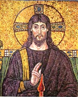 Christusdarstellung mit Kreuznimbus-Heiligenschein, Mosaik in Sant' Apollinare Nuovo, Ravenna