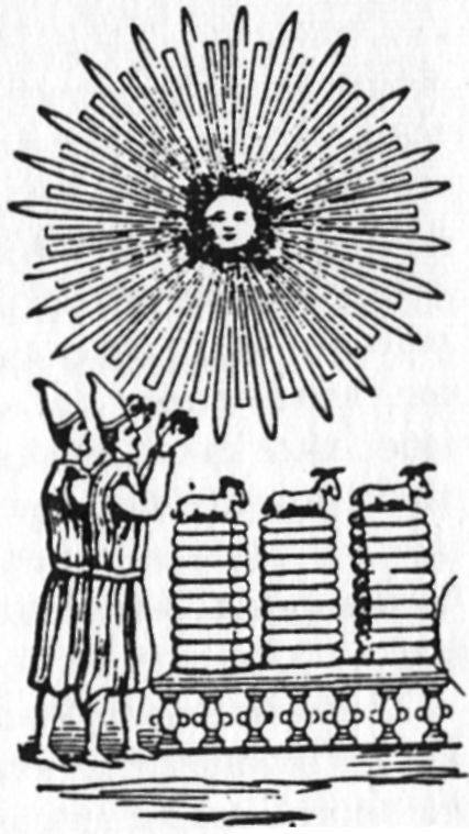gyptisches Sonnenbild, 2 Priester beten die Sonne an, auf dem Altar liegen runde Brote