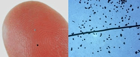 links: Hitachi-RFID-Chip (0,4 x 0,4 mm) zum Grenvergleich auf Finger (Stand 2006); Bildteil rechts: Hitachi-RFID-Chip 2007, Gre noch 0,05 x 0,05 mm, Vergleich zu menschl. Haar
